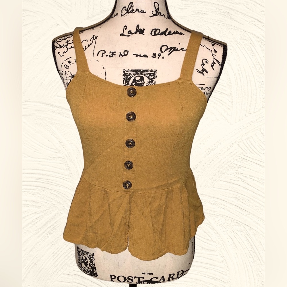 OLM gauze summer top . Lovely mustard , camel color . 1 inch straps  Stretchy S